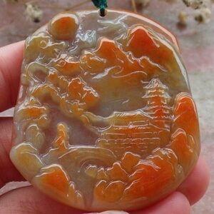 Certificate Jadeite Jade Hand Carved Feng Shui Red Pendant Tree Mountain